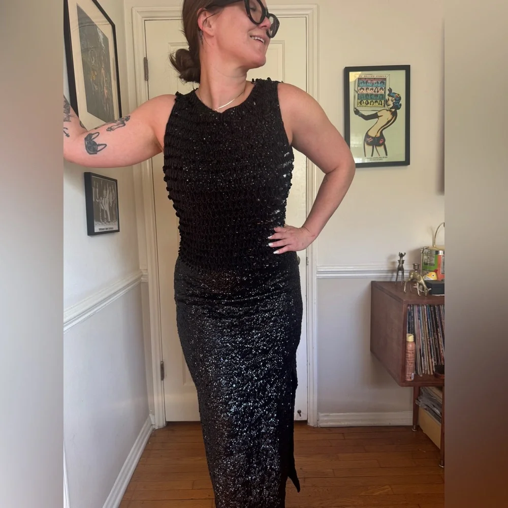 60s Vintage Black Sequin Knit Blouse and Skirt Set Medium - Picture 2 of 14